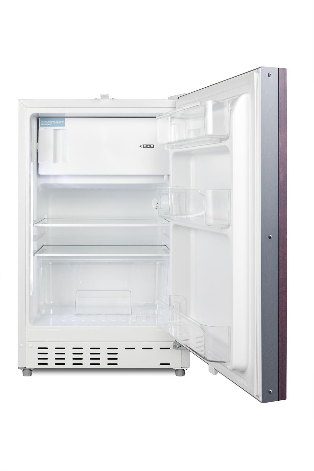 Built-in undercounter ADA compliant refrigerator-freezer in white with a panel-ready door for residential use, manual defrost with glass shelves, and door storage